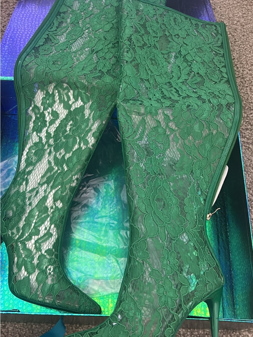 Emerald Green Lace Over-The-Knee Boots